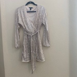 Cream Sequin Long Sleeve Short Mock Wrap Dress